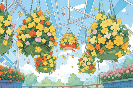an array of hanging flower baskets in a greenhouseの素材