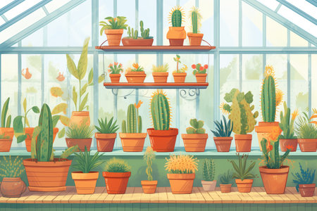 potted cacti inside a domestic greenhouseの素材