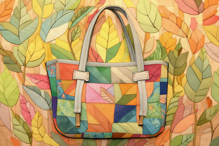 a patchwork suede purse surrounded by leavesの素材