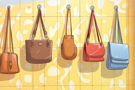 metal hooks with hanging bags on a wallの素材