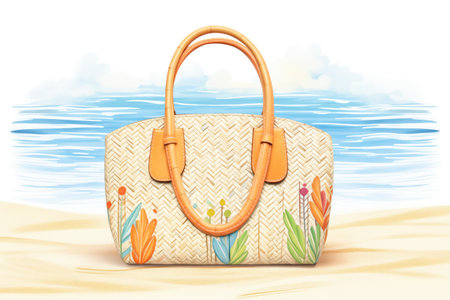 handbag made of raffia on sandy beachの素材