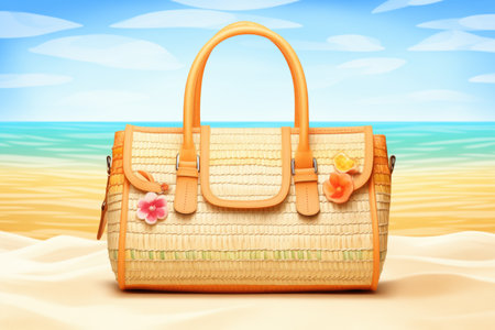 handbag made of raffia on sandy beachの素材