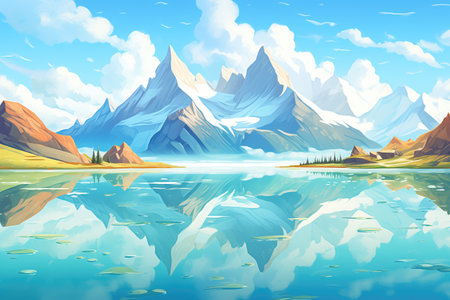 a pristine glacial lake mirroring the surrounding peaksの素材