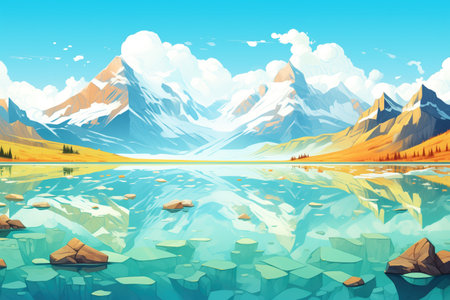 a pristine glacial lake mirroring the surrounding peaksの素材