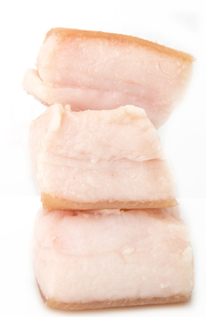 salty bacon on a white backgroundの写真素材