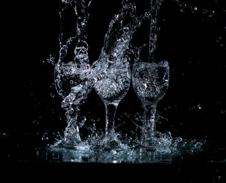 glasses with water with splashes on a black backgroundの写真素材
