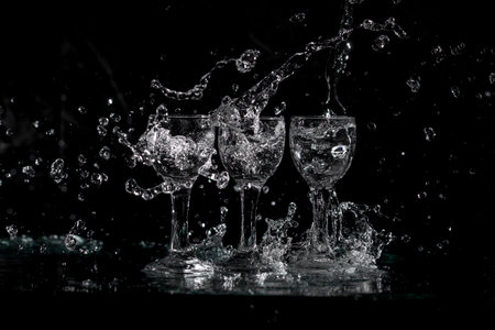 glasses with water with splashes on a black background