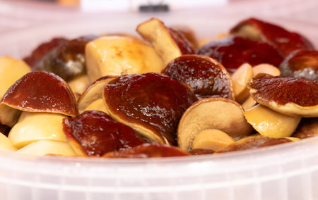 salted forest mushrooms as a backgroundの写真素材