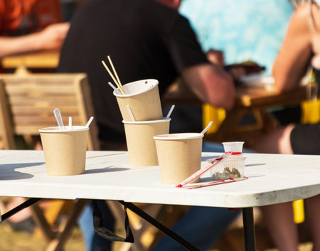 disposable paper tableware as a backgroundの写真素材