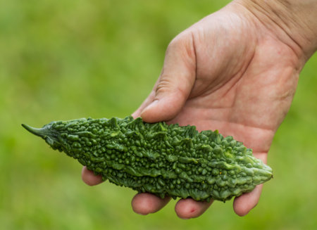 A hand is holding a green vegetable with a pointed tip. The vegetable appears to be a bitter gourd,...