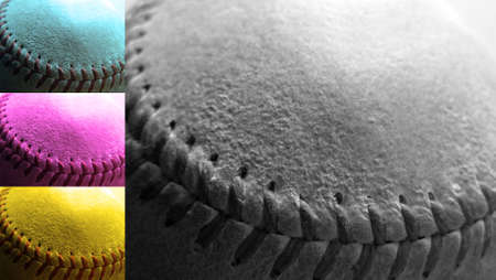 Detail close up of baseball seams geared towards designers working on projects dealing with CMYK, 4-color printing and reproductions.の写真素材