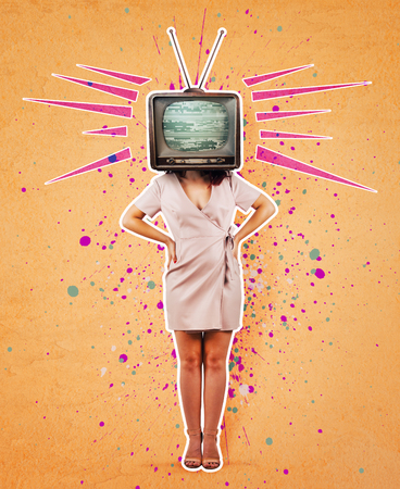 Contemporary art collage, addicted woman hands on hips and old tv instead of head. Modern style poster zine culture concept. Television manipulation and brainwashing. Mass media propaganda control.の写真素材