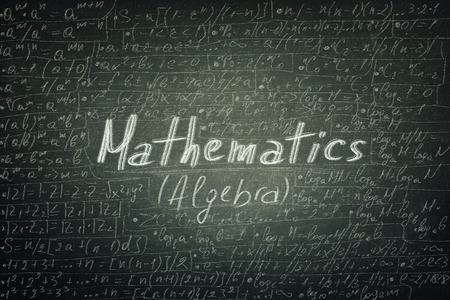 Blackboard background chalk written mathematics formulas and equations. Education concept, opportunity for students to learn algebra theory law.の写真素材
