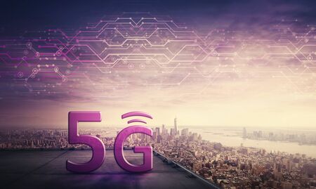 5G high speed network connection, icon hologram on the rooftop of a skyscraper over city horizon. New generation global network symbol, excellent signal coverage concept. Safe internet marketing.の写真素材
