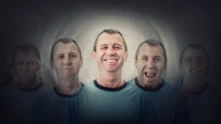 Middle age man suffer split emotions into different inner personalities. Multipolar mental health...