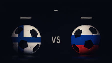 Finland vs Russia football matchday announcement. Two soccer balls with country flags, showing match infographic, isolated on black background with scoreboard copy space.の写真素材