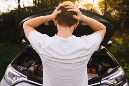 Stressed novice driver, pissed off keeps hands to head has problems with the broken car. Unlucky guy has a problem with his car.の写真素材