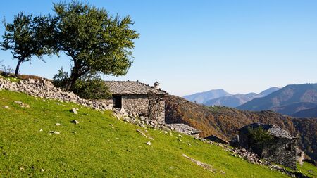 Stone houses on a green meadow in Rhodope mountain, Bulgaria.の写真素材