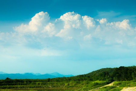 Panoramic cloudscape with nobody countrysideの写真素材