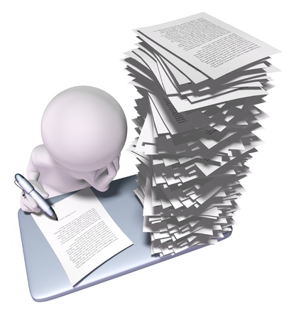 3d man with stack of papers on his deskの写真素材