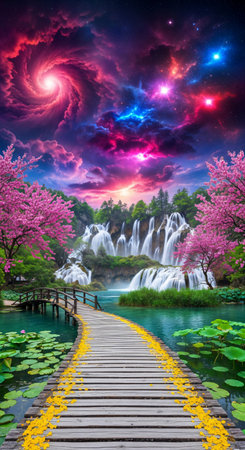 Beautiful waterfall in the park with colorful sky and nature background.の素材