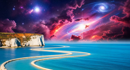 An epic and surreal digital art landscape depicting a dramatic collision of worlds. A massive cosmic tornado, swirling with purple and pink nebulae and stars, dominates the skyの素材