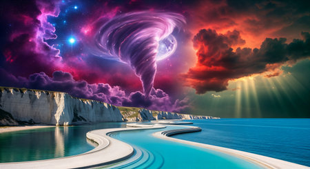 An epic and surreal digital art landscape depicting a dramatic collision of worlds. A massive cosmic tornado, swirling with purple and pink nebulae and stars, dominates the sky aboの素材