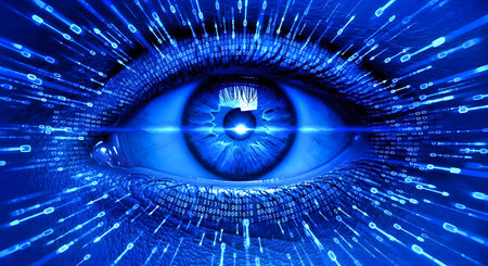 Blue eye with digital binary code, concept of artificial intelligence and machine learningの素材