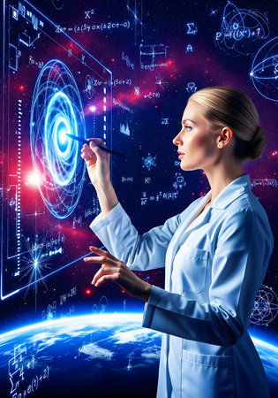 Attractive woman scientist in white lab coat working with virtual panel. Research conceptの素材