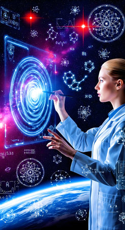 Image of young woman doctor touching icon of media screen. Mixed mediaの素材