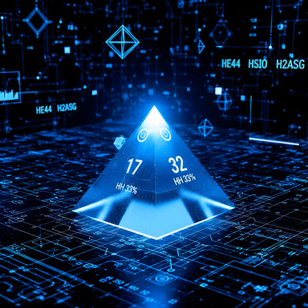 Abstract 3d rendering of a holographic pyramid on a dark background.の素材