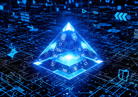 Abstract glowing pyramid on blue background. Technology concept. 3D Renderingの素材