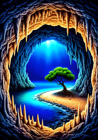 Illustration of an island with a tree in the middle of a caveの素材