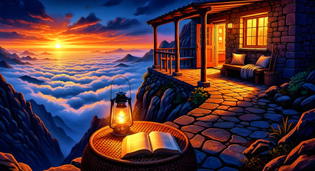 3d rendering of a mountain landscape with a lantern and a bookの素材