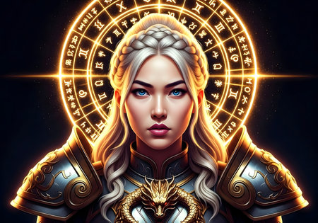 3D illustration of a female knight with a shield and a round zodiac sign.の素材