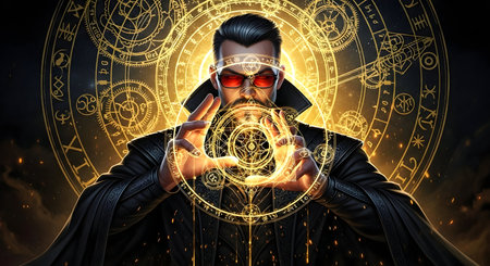 Portrait of a man with a beard in a black cape and red sunglasses on the background of a circle.の素材