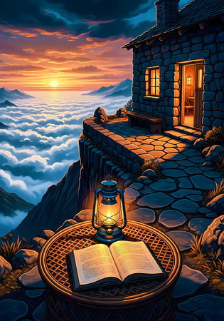 Lantern and book on the table in the mountains at sunriseの素材