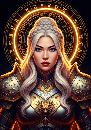 3D rendering of a female warrior with an astrological sign.の素材