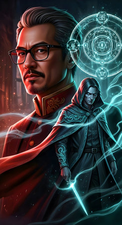 Portrait of a man in a red cloak with a sword in his hands.の素材