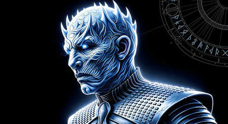 Digital illustration of a male robot in colour background with zodiac signの素材