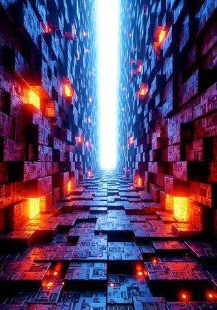 Futuristic corridor with glowing lights. 3d rendering toned imageの素材