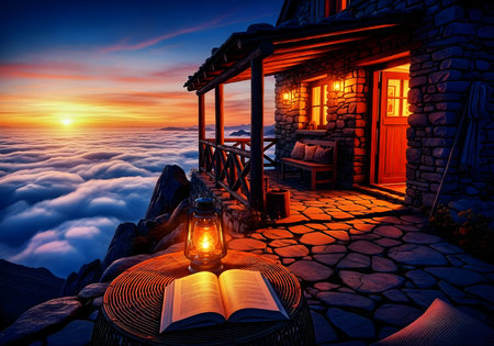 Lantern and book on the terrace of house above the cloudsの素材