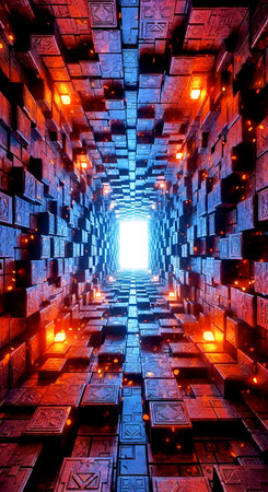 Futuristic corridor with glowing light at end. 3D renderingの素材