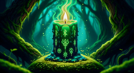 Candle in the green forest. 3D render. Fantasy illustration.の素材