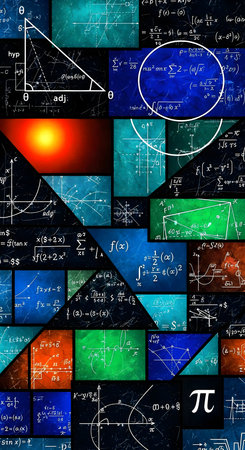 Multicolored mathematical formulas and formulas on a blackboard background.の素材