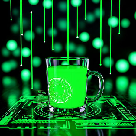 Green tea in a transparent glass on a green background. 3d renderingの素材