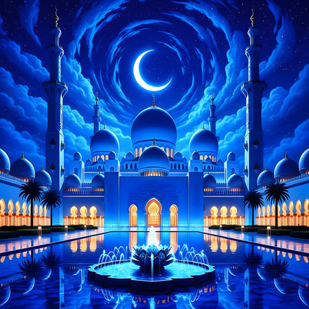 Illustration of Ramadan Kareem background with mosque and crescent moonの素材