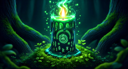 Burning candle in green forest, 3d rendering. Computer digital drawing.の素材
