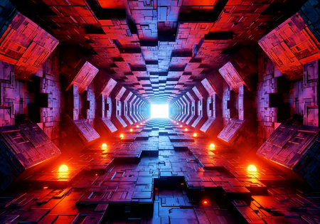 Futuristic corridor with glowing lights, 3d rendering computer generated backgroundの素材