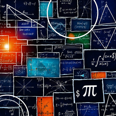 Drawing of mathematical formulas and equations on a blackboard background.の素材